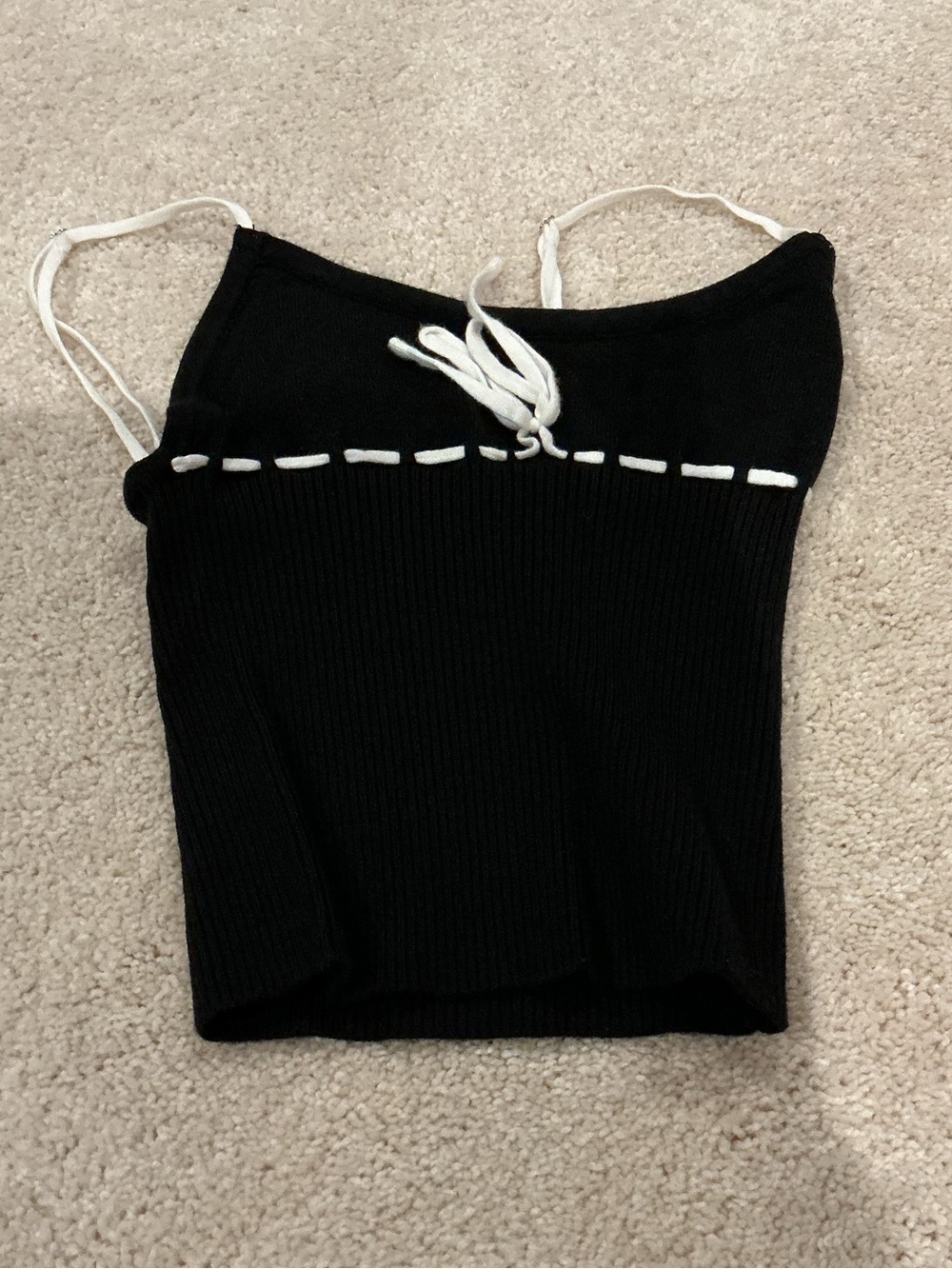 Edikted Black Ribbed Spaghetti Strap Tank with White Contrast Tie